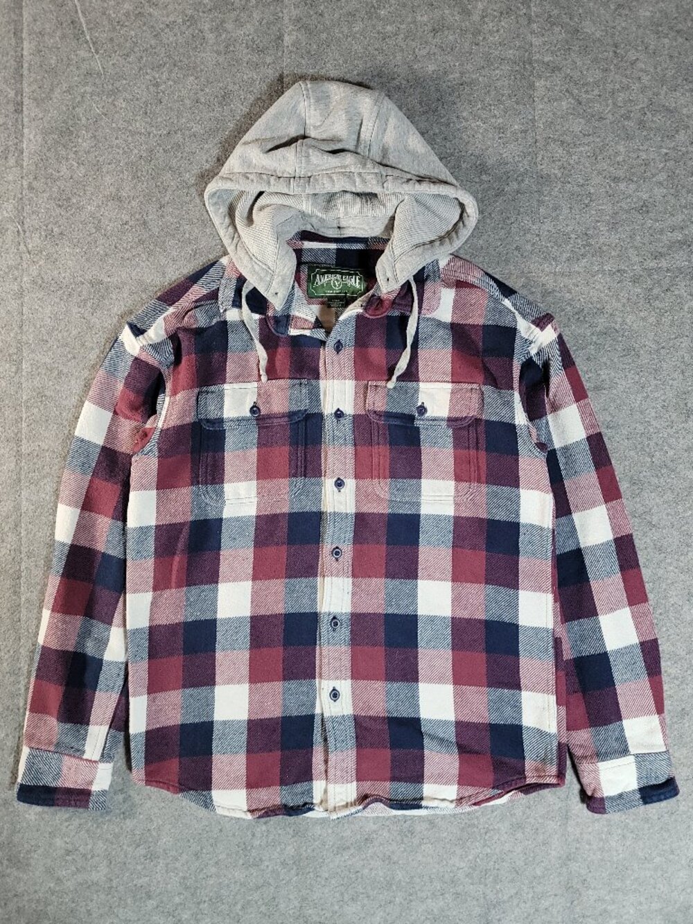 American Eagle Red & Blue Plaid Removable Hood Heavyweight Flannel Shirt Small